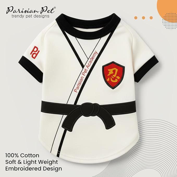 Parisian Pet Dog Karate Academy Shirt - Embroidered Pet Vest - 100% Cotton & Polyester Doggy Shirt - Lightweight Pet Clothes - Sleeved Puppy Costume - Funny Shirts for Small Dogs - S