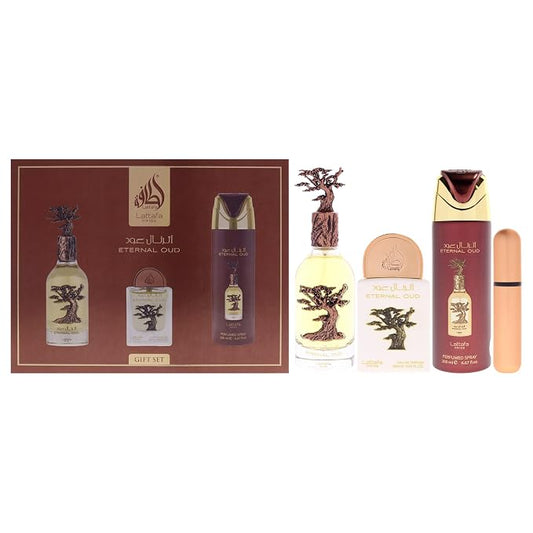 Lattafa Pride - Eternal Oud for Men - 3 Pc Gift Set 3.4oz EDP Spray, 6.67oz Perfumed Body Spray, 0.67oz EDP Spray