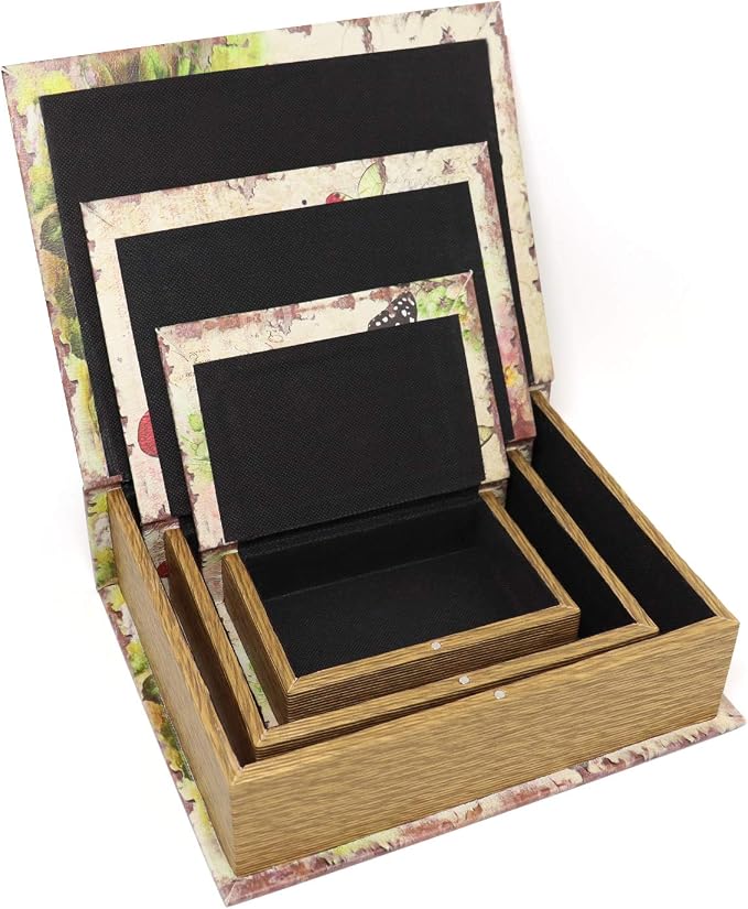 Jolitac Decorative Book Boxes World Map Pattern Antique Book Invisible box with Magnetic cover, Faux Wood Set of 3 Storage Set (Butterfly)