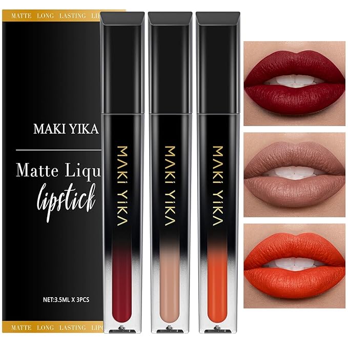 MAKI YIKA 3Pcs Matte Liquid Lipstick Makeup Set Dark Red Nude Orange Lipstick Long Lasting Smudgeproof Transfer Proof Lip Makeup, DarkRed/Nude/Orange