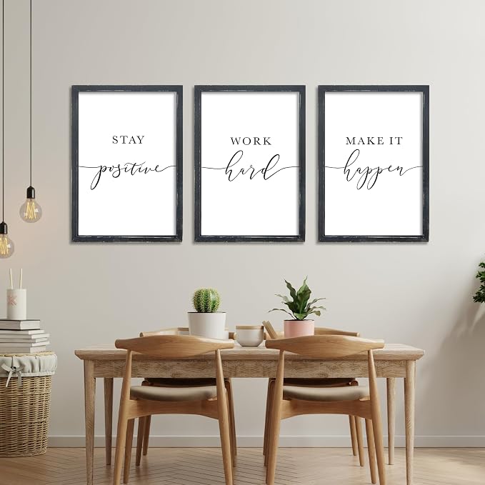 RLWangChao Inspirational Quotes Wall Art Decor 3 Piece 11"X16" Black | Modern Office, Stay Positive Work Hard Make It Happen Motivational, Framed Sign, Living Room Positive Wall Hanging