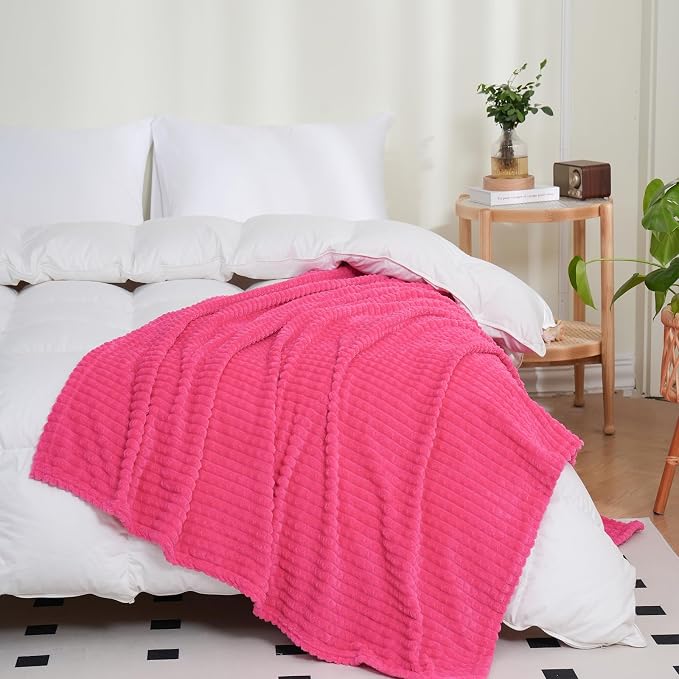 Puncuntex Fleece Throw Blanket Hot Pink 108"×90" with Square Grid Design | Super Soft Plush Cozy Flannel Throw Blanket Luxury for Couch Sofa Chair