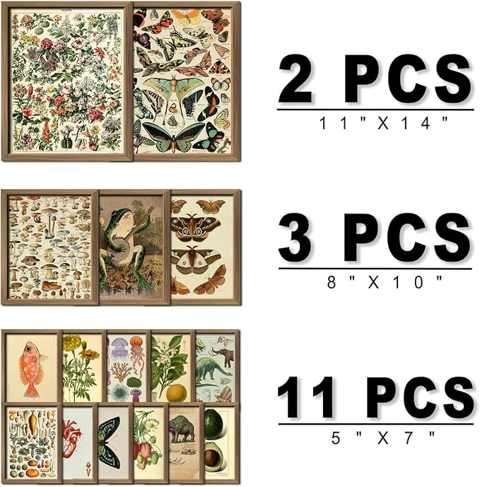 16 PCS Framed Vintage Wall Art Decor, Botanical Cottagecore Wall Prints for Bedroom, Gallery Wall Frame Set, Farmhouse Posters for Living Room Aesthetic, Rustic Dorm Home Collage Kit