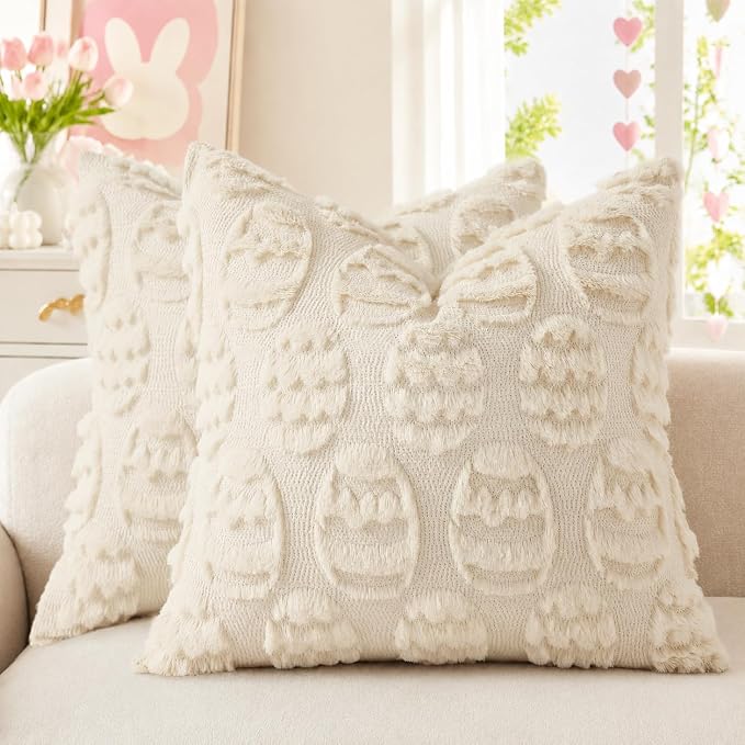 decorUhome Beige Faux Fur Egg Throw Pillow Covers 18x18 Set of 2 | Plush Soft Wool Jacquard Beige Cushion Covers, Modern Farmhouse Neutral Easter Holiday Decor Pillow Covers for Couch Sofa Bed