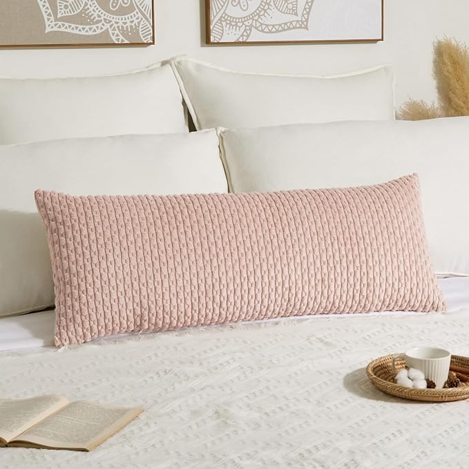 Kevin Textile Soft Corduroy 20"x54" Body Pillow Cover 1 Pack, Light Pink | Boho Stripe Plush Corduroy Decorative Oblong Cushion Cover Modern Farmhouse Home Decor for Sofa Couch Bed Chair