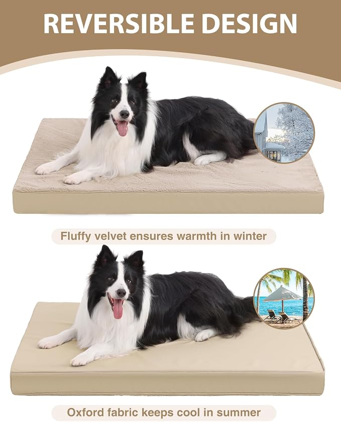 KSIIA Orthopedic Dog Bed for Large Dogs with Waterproof Lining, Khaki,35x22 | Deluxe Soft Plush Dog Crate Bed, Washable Pet Mat with Removable Cover & Egg Crate Foam for Large Dogs Sleeping & Relaxing