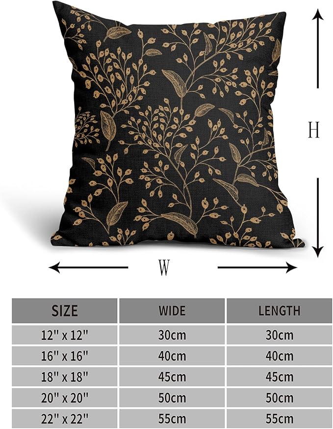 Boho Pillow Covers 18X18 Inch Set of 2 Black Gold Floral Leaves Decorative Pillow Cases Vintage Flower Leaf Cotton Linen Cushion Case Farmhouse Home Decor for Sofa Couch Porch Outdoor
