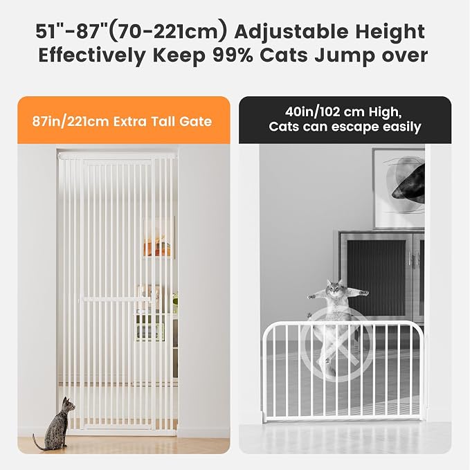 Gardner Pet 51"-87" Extra Tall Cat Gate for Doorway, Wide Adjustable 27.56"-37" Baby Gate Included 4 Extension Kits, Pressure Mounted Safety Full Door Gate for Stairs, Studio, Kitchen (White) | 51"-87" height & 27.56"-37" width adjustability; pressure-...