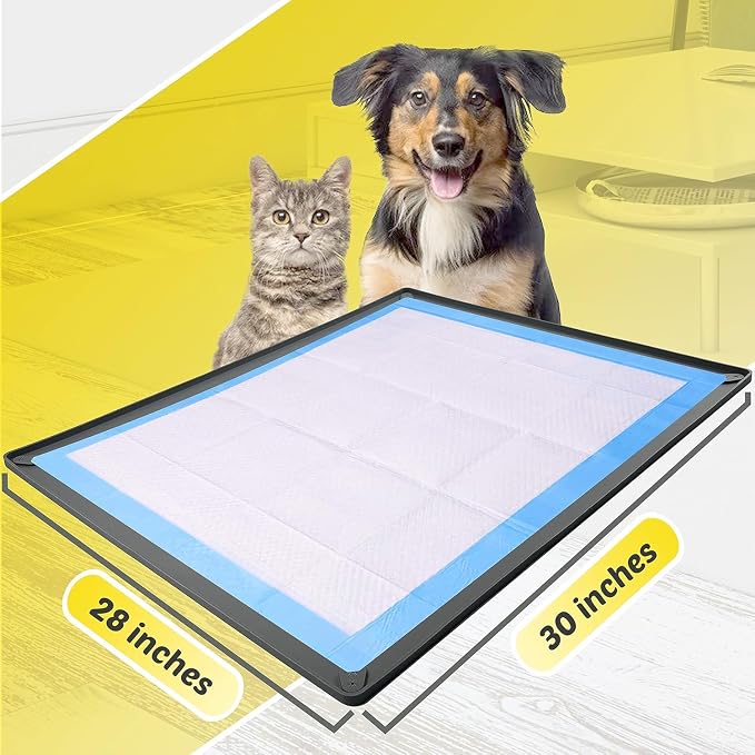 Dog Pee Pad Holder Tray Fits for 28” x 23” Pee Pads - 2 Pack - Grey | Corner Lock Holes, Raised Edges, Non-Spill, Easy to Clean Silicone Dog Potty Tray Holder, For Indoor Floor Protection