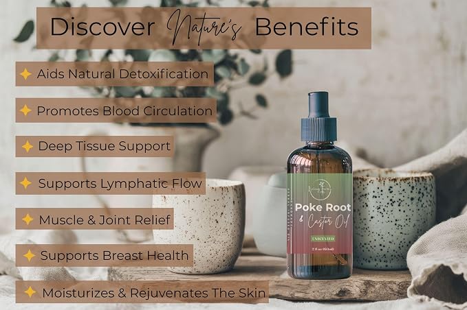 Organic Poke Root Castor Oil | Mess Free Glass Pump | Lymphatic Support | Cysts, Boils, Fibroids, Swollen Lymph Nodes, Breast & Joint | Small Batch USA Made (4oz, Unscented)