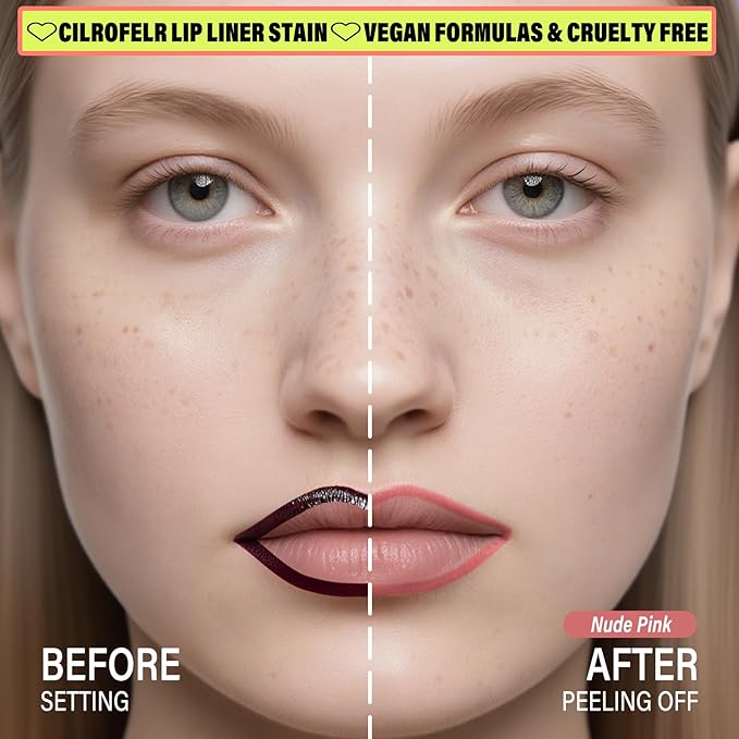 Cilrofelr 2 Colors Lip Liner Stain Peel Off Set with Tweezers - Long Wearing, Transfer Proof, Matte Finish, Quick Plump Lip Effect, Peel Off Lip Stain for All Skin Tones (Nude Pink + Nude Beige)