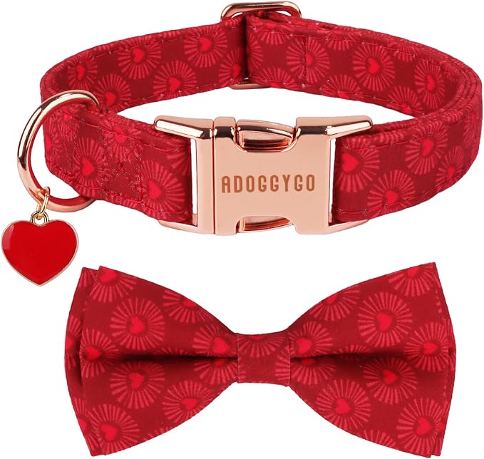 ADOGGYGO Valentine Dog Collars with Bow, Detachable Heart Sunburst Print Bowtie, Metal Buckle, Adjustable Valentine Collars for Extra Large Dogs Boy Girl (X-Large)