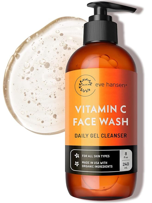 Vitamin C Cleanser Face Wash - HUGE 8 oz Gentle Facial Cleansing Gel for Uneven Skin Tone, Age Spots and Fine Lines - Natural Face Soap with Aloe Vera, Green Tea, Ginseng