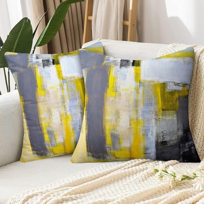 Yellow and Grey Abstract Art Artwork Pillow Cover, Gallery Modern Decorative Throw Pillows Cushion Cover for Bedroom Sofa Living Room 16 x 16 Inch Set of 2