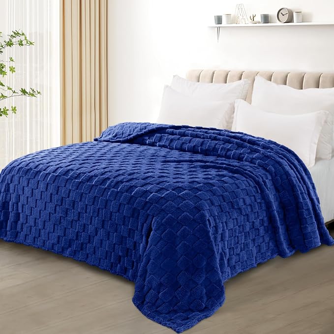 Exclusivo Mezcla 3D Checkered Fleece Queen Blanket for Bed, Cobalt Blue | Super Soft and Cozy Fluffy Blanket, Lightweight, Breathable, Decorative Blanket for Living Room, Bedroom, All Season, 90"x90"