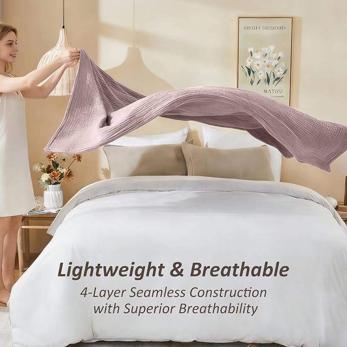 EMME Cotton Muslin Queen Blanket Bed Layering Bedspread Coverlet Breathable Gauze Soft Lightweight Blankets (Heather Dusty Pink, 90"x90")