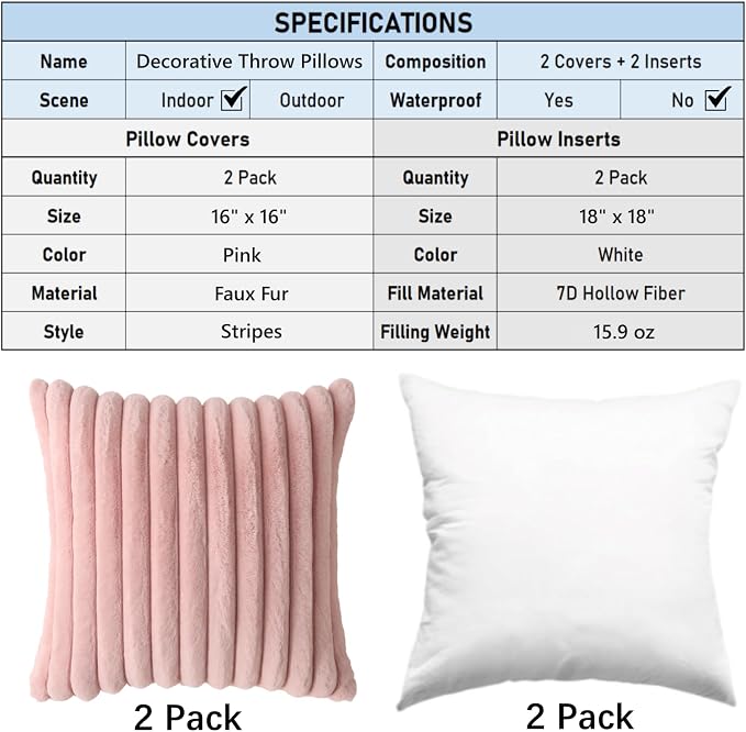 Decorative Throw Pillow with Inserts, Set of 2 Soft Faux Fur Throw Pillows, Square Boho Striped Pillow for Couch, Bed, Sofa Decor (Pink, 16" x 16"(Pack of 2))