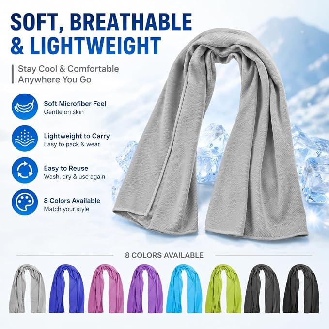 Cooling Towel for Neck and Face - 43.3" x 15.7" - Quick-Dry Microfiber - Ideal for Hot Weather, Gym, Fitness, Camping, Yoga - Light-Gray