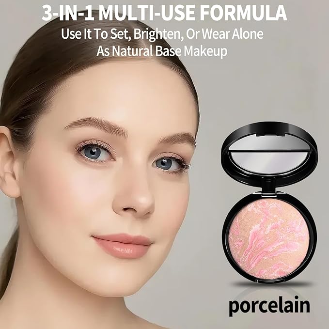 Baked Luminous Pressed Powder–Glow-Infused Foundation,Highlighter & Setting Powder in One–Color-Correcting,Oil-Control,Long-Lasting Coverage for All Skin Tones 01