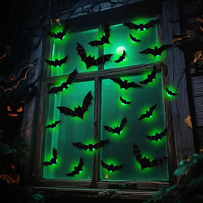 DR.DUDU 36 Pack Bats Halloween Decorations Indoor Bat Wall Decor | Light Up Green LED, Assorted Size, 3D Bat Stickers, for Bedroom Party Walls Bathroom Mirrors Garages Door, Indoor/Outdoor Use