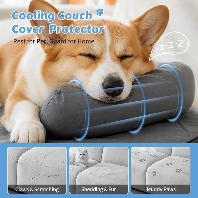 Cooling Dog Bed Mats with Neck & Head Support, 35.43 x31.5 inch Grey | for Small and Medium Dogs & Cats, Non-Slip, Machine Washable, Protects Sofa from Fur & Scratches