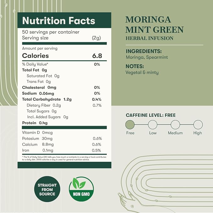 Luxmi Estates Moringa Mint Tea, Loose Leaf, 50g (1.76oz, ~25 Cups), Moringa Oleifera Leaf with Spearmint - Caffeine-Free Herbal Superfood Infusion, Vegan & Non-GMO
