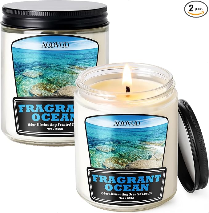 AOOVOO Ocean 2 Pack Odor Eliminating Candle - Up to 100 Hours Burn time, Eliminates 95% of Pet, Smoke, Food, and Other Smells Quickly, 18 oz Non Toxic Highly Fragranced Air Freshing Soy Candle