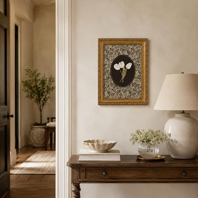 Gold Framed Tulip Canvas Wall Art, Vintage Floral Picture Wall Decor16x12in | Cottagecore Botanical Floral Print Decor for bedroom, living room, hallway, entryway