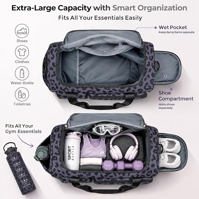 FIORETTO Women's Gym Duffle Bag with Shoes Compartment, 30L Capacity, Ideal for Travel, Gym, Sports, Duffel, Weekender