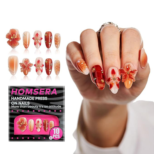 Handmade Press On Nails Almond, French Tips 3D Flowers Rhinestone Design Fake Nails Short, Salon-Quality Reusable, Women's Gift Fall/Winter Collection, 10Pcs Brown