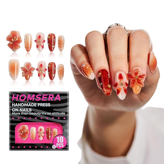 Handmade Press On Nails Almond, French Tips 3D Flowers Rhinestone Design Fake Nails Short, Salon-Quality Reusable, Women's Gift Fall/Winter Collection, 10Pcs Brown