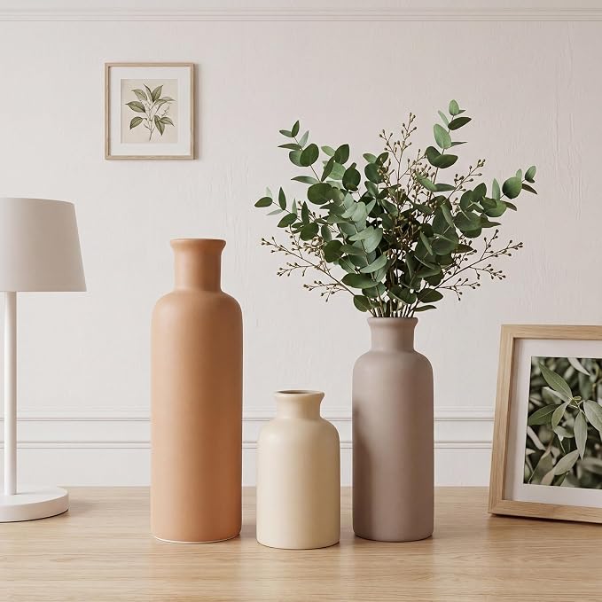 Ceramic Vase Set of 3, Brown Neutral Rustic Vases for Farmhouse Decor | Waterproof Farmhouse Vases for Pampas Grass & Dried Flowers, Rustic Vase for Table Bookshelf, Living Room