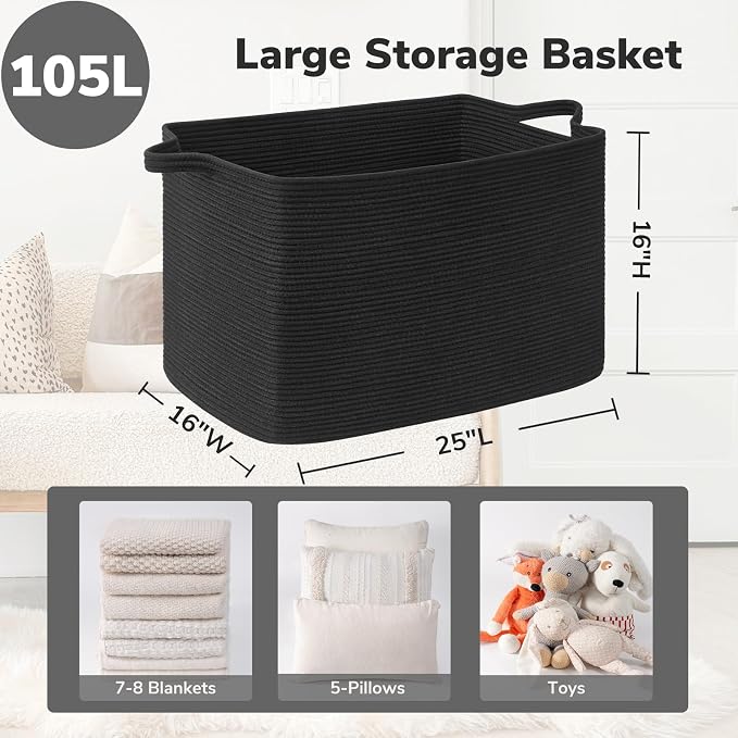 Goodpick 105L Extra Large Woven Rope Blanket Basket, Rectangle, Black | 25'' x 16'' x 16'' Storage Basket for Blankets, Pillows & Clothes, Living Room, Bedroom & Nursery Organization, Handles