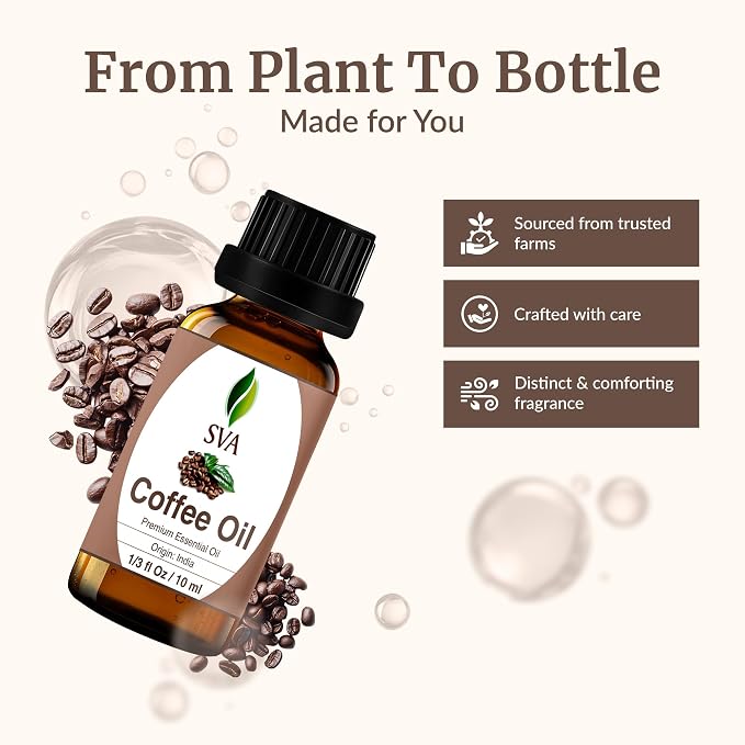 SVA Coffee Essential Oil 1/3 Fl Oz – for Diffuser, Skin & Hair Care – Ideal for Massage & DIY Blends – with Dropper