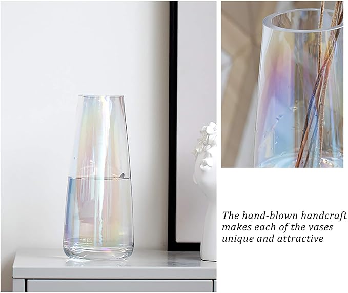 FANTESTICRYAN Modern Glass Vase, 8.7''H Decor Flower Vases Iridescent Clear | Crystal Clear Colored Vase, Fresh/Faux Floral Vases, For Home Office Table Centerpiece Decor Housewarming Gift for Lover
