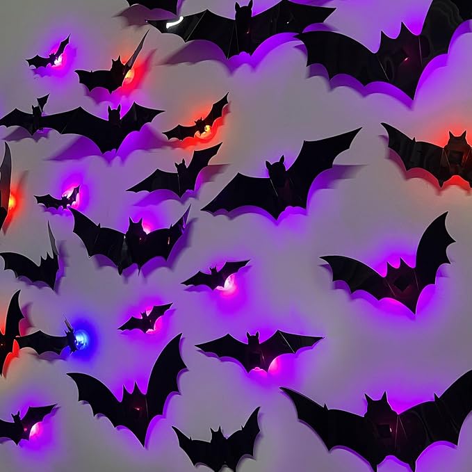 DR.DUDU 36 Pack Halloween Bats Wall Decor Halloween Decorations Indoor | Light Up Flashing Modes, Assorted Size, 3D Bat Stickers, for Bedroom Party Walls Bathroom Mirrors Garages Door