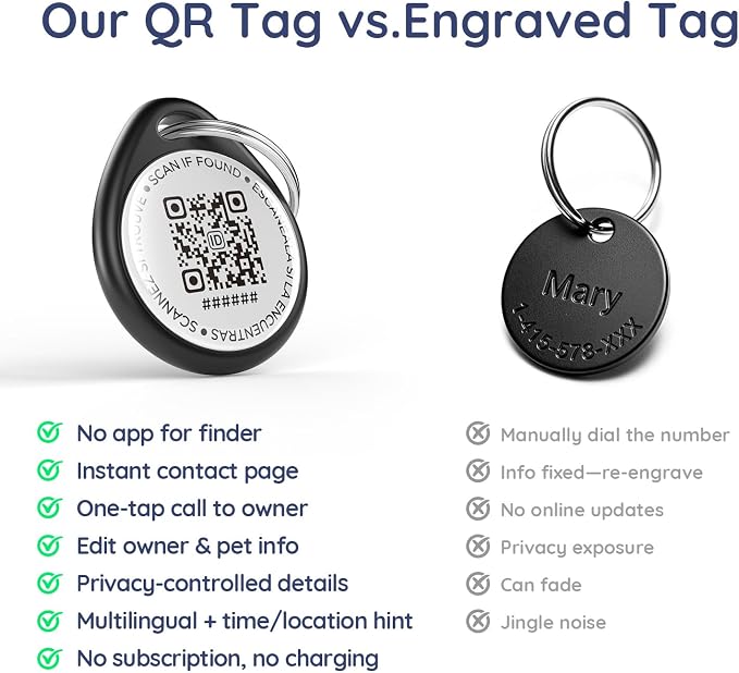 QR Code Dog Tag and Cat Tag, Scan to Reunite Faster, Waterproof and Durable, Lightweight and Quiet, Updatable Contact Info, Black for Everyday Wear