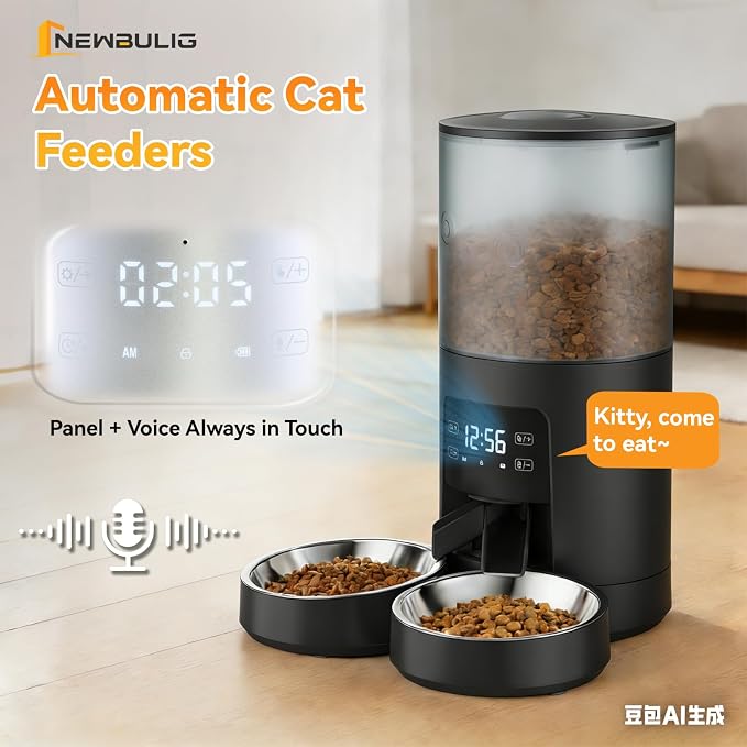 NEWBULIG Automatic Cat Feeder for 2 Cats, 6L Timed Pet Feeders, Black | Dual Bowls, 25.3 Cups, 10s Voice Recorder, Dog Food Dispenser for Dry Food, 6 Meals/Day, 50 Portions/Meal, Dual Power Supply