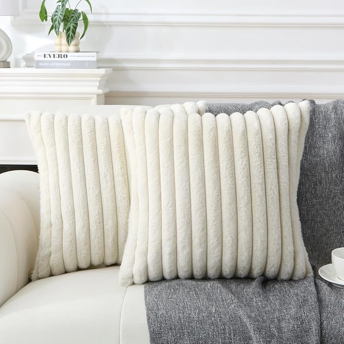 Decorative Throw Pillow with Inserts, Set of 2 Soft Faux Fur Throw Pillows, Square Boho Striped Pillow for Couch, Bed, Sofa Decor(Beige, 16" x 16")