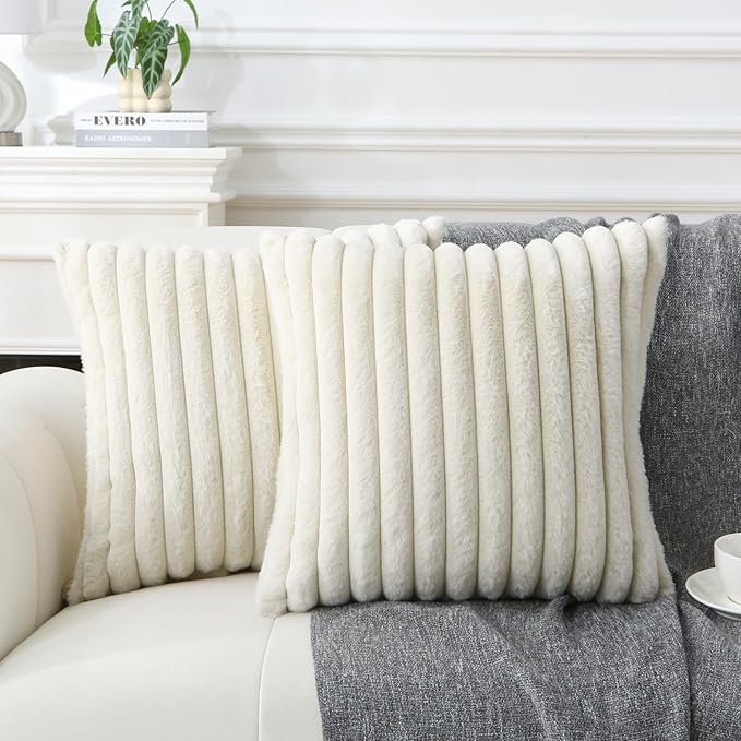 Decorative Throw Pillow with Inserts, Set of 2 Soft Faux Fur Throw Pillows, Square Boho Striped Pillow for Couch, Bed, Sofa Decor (Beige, 20" x 20"(Pack of 2))