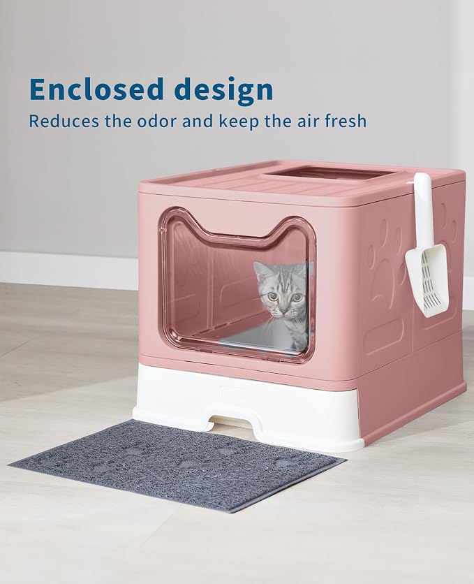 Medario Cat Litter Box with Litter Mat and Scoop(Pink) | Large Covered Litter Box with Lid, Enclosed Kitty Box, Front Entry Top Exit, Odor Control, Easy to Clean