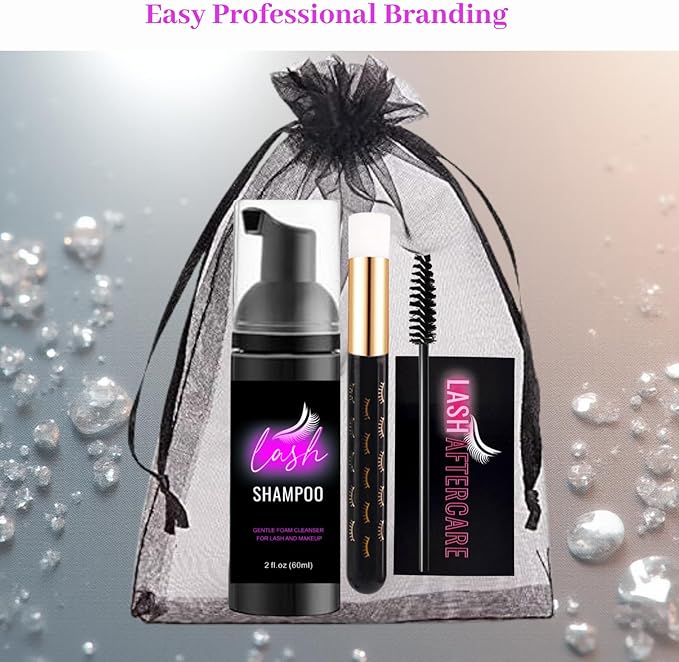 60 Pcs Lash Shampoo Bottle Brushes Kit 10 Empty Foam Pump Dispensers 10 Bath Label Stickers & Care Cards 10 Mascara Wands 10 Cleansing Brush 10 Bag for Eyelash Extensions Aftercare Branding (Black)