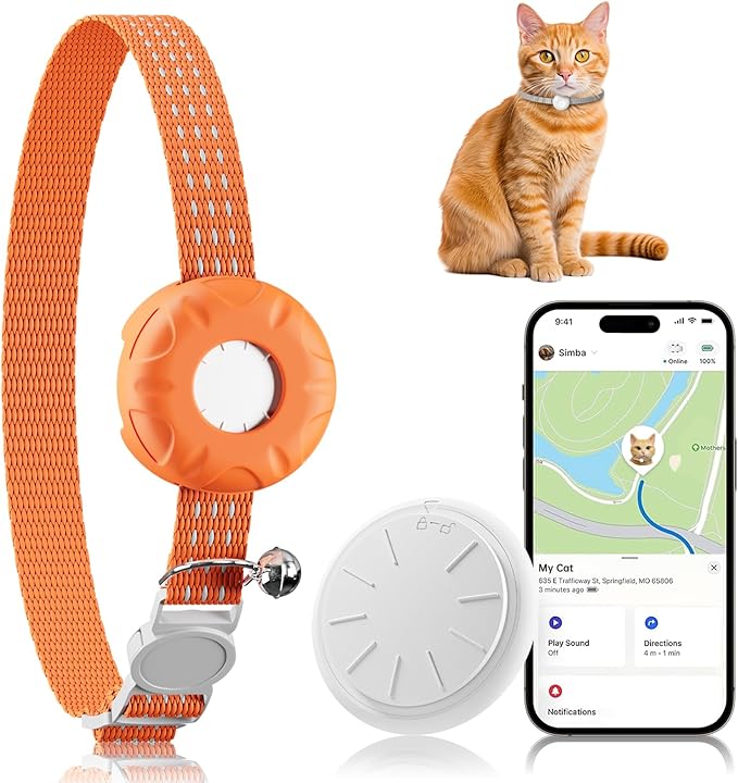 Cat Tracker, GPS Tracker, Pet Tracker Compatible with Apple Find My App(Only iOS), Waterproof Cat Trackers Collar with Bell and Safety Elastic Buckle,No Monthly Fee, Smart Alerts, Orange