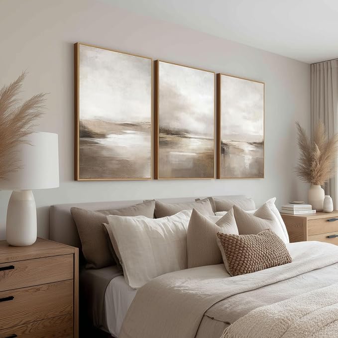 SAFERRYHOME Neutral Abstract Landscape Shapes Wall Art,3 Panels 24x36 Inch | Minimalist Framed Canvas Print Set, Abstract Illustrations Modern Nordic Calm Decor for Living Room,Bedroom,Bathroom,Hallway