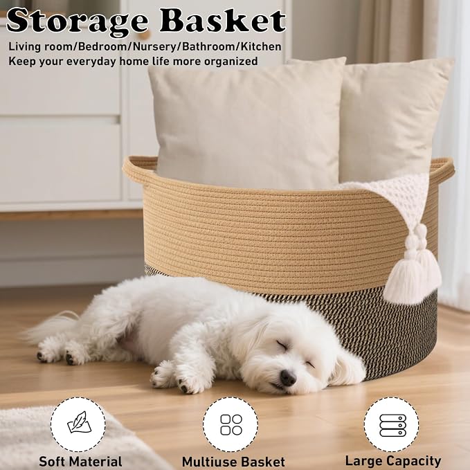 115L Extra Large Blanket Basket,Woven Laundry Basket-Jute&Black | Collapsible, reinforced handles, nursery storage bin organizes clothes, toys and pillows for living room, bedroom bathroom