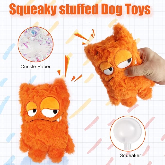 Monster Stuffed Squeaky Dog Toy, Crinkle Dog Plush Toy, Orange | Soft Lightweight Toy for Fetch and Chew, Interactive Outdoor Indoor Play for Tug, Birthday Gift, For Puppy Small Medium Dog