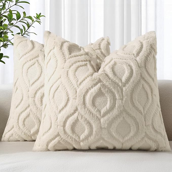 decorUhome Faux Fur Plush Soft Beige Throw Pillow Covers 12x12 Set of 2 | Wool Solid Fall Couch Pillow Covers, Accent Modern Farmhouse Neutral Decorative Square Pillow Cases for Sofa Bed Living Room