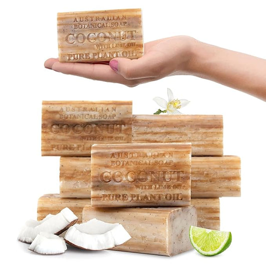 Australian Botanical Soap, 6.6 OZ, Coconut and Lime Oil, Triple Milled Bars made with a Natural Soap Base and Enriched with Organic Shea Butter, Pack of 8