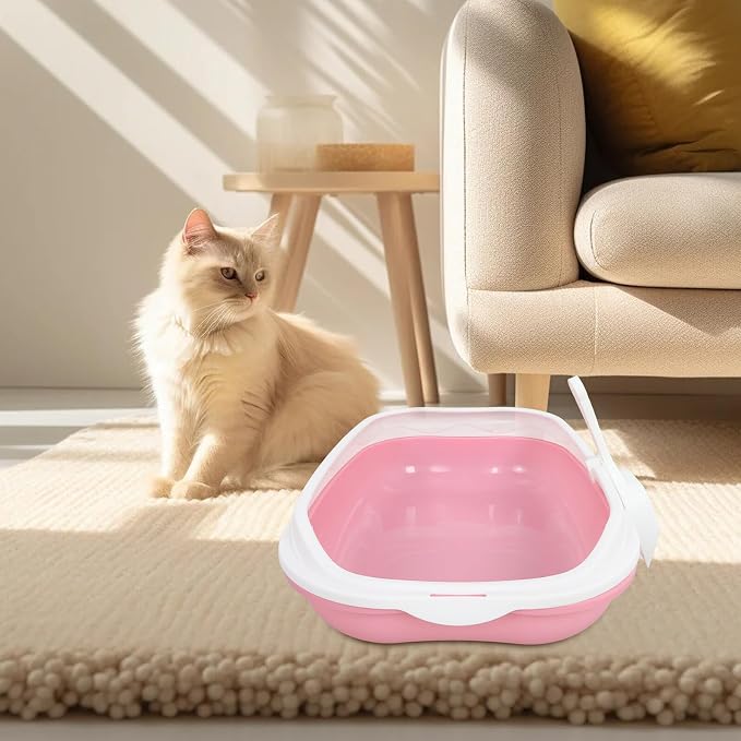 OUNONA Semi-Closed Cat Litter Box Anti-Splash Durable Pan with Open Top and Pee Shield for Small Cats and Kittens Indoor Housebreaking