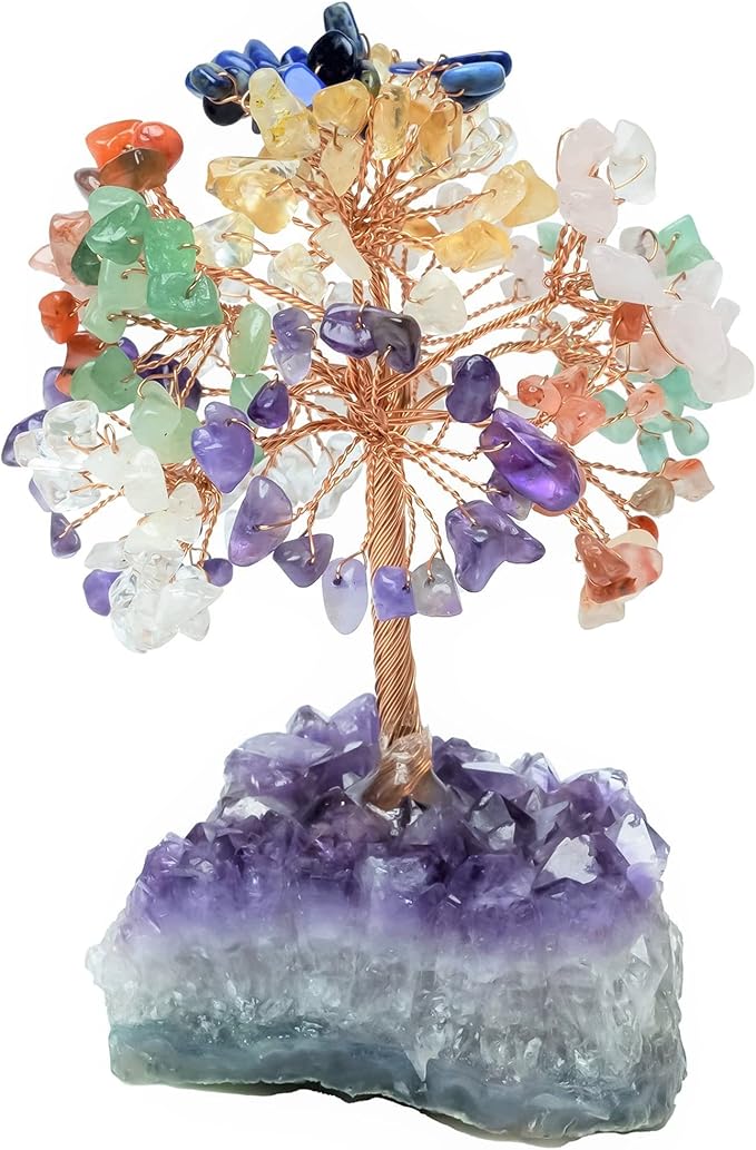 7 Chakra Tree of Life - Crystal Tree for Positive Energy, Gemstone Tree, Feng Shui Tree - Amethyst Cluster Base, Seven Chakra Tree, Money Tree Bonsai,Gem Tree, Healing Crystal Decor - Spiritual Gift